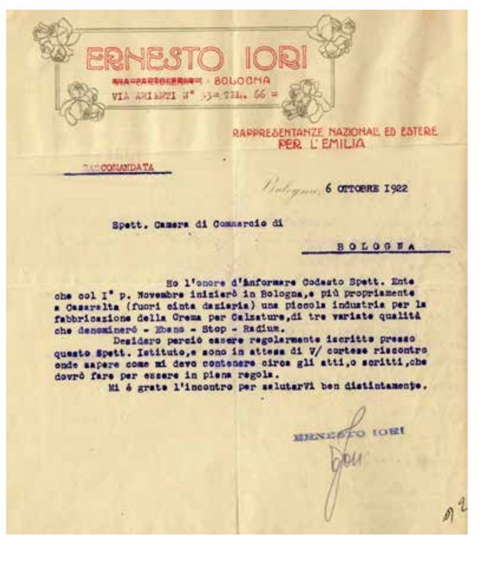 Ernesto Jori dichiara alla Camera di Commercio l’avvio della ditta, 6 ottobre 1922 – carta intestata «fabbrica creme per calzature» con elefante (p. 13, fig. 4)